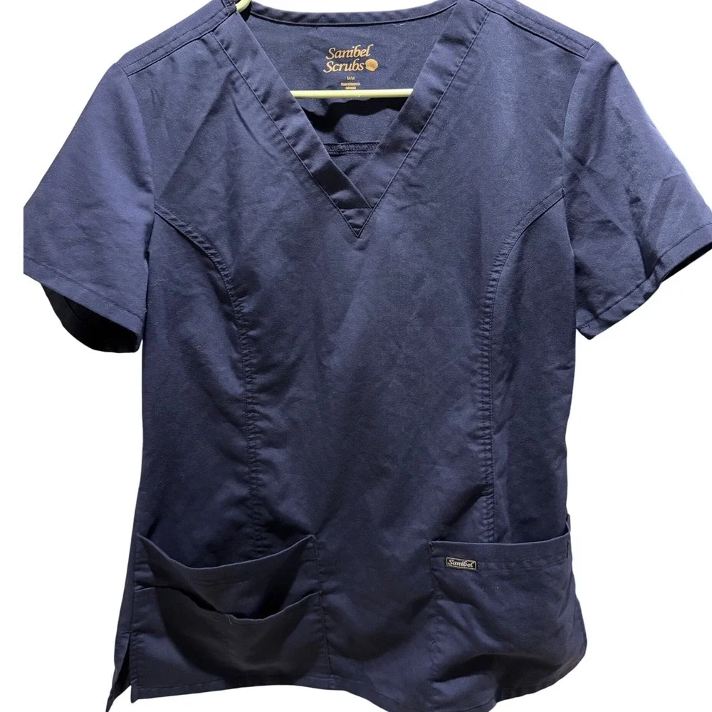 Sanibel Scrubs‎ Womens Navy Blue V-Neck Short Sleeve Scrub Top Style 9765 Size M